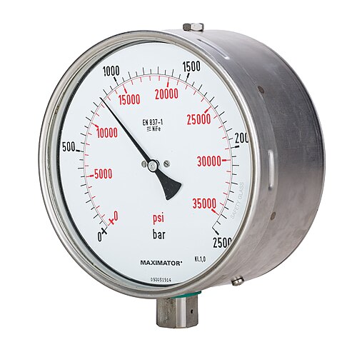 A Bourdon-tube high-pressure gauge — same C-shaped sensing element used in Bourdon pressure switches